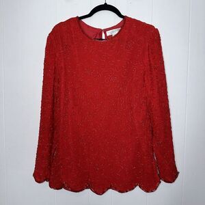 Valerie Stevens Pure Silk Vintage Women’s Heavy Beaded Top Holiday Party Red 14